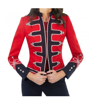 Women Red Black Wool Military Commander Officer Hussar Gothic Band Jacket 
